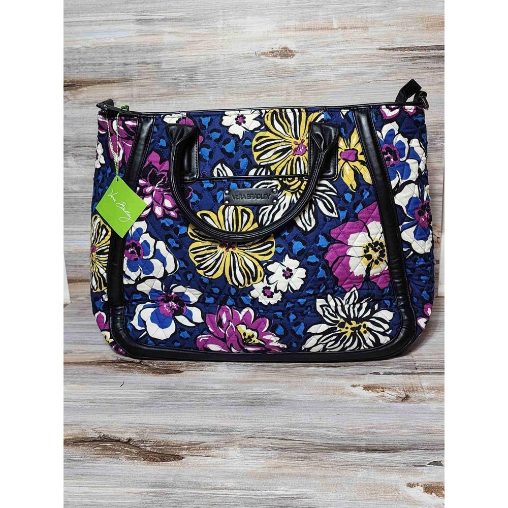 Vera Bradley Floral Leopard Quilted Satchel Tote Bag Blue Purple Crossbody NEW